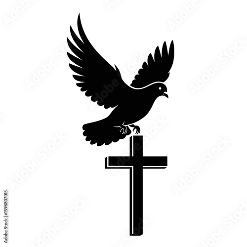 Dove of Peace: A serene symbol of hope, faith, and spiritual guidance, a graceful dove soars gracefully above a stark cross, rendered in striking monochrome.
