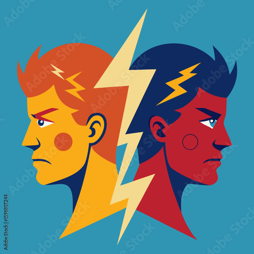 Two heads with lightning representing conflict and duality in a vibrant illustration