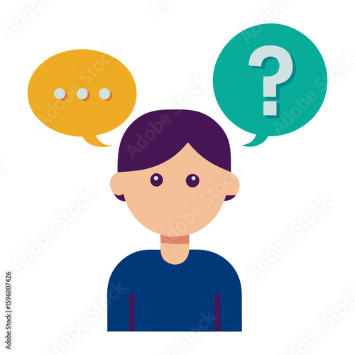 Person contemplating with speech bubbles and a question mark in a colorful design