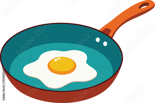 Fried egg cooking in orange handled frying pan vector illustration for breakfast food concept 