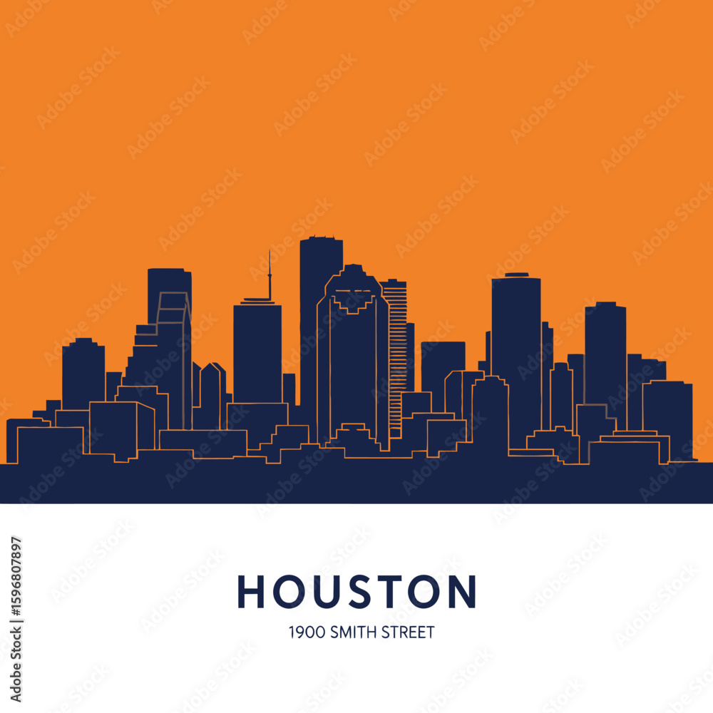 Naklejka premium Silhouette of the Houston skyline against an orange background, featuring various skyscrapers and buildings.