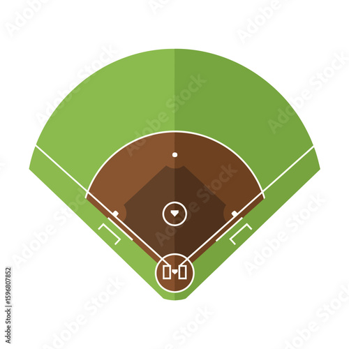 Aerial view illustration of a baseball field with green outfield and brown infield, showing bases and home plate.