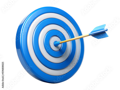 A blue and white target with an arrow hitting the bullseye, representing accuracy and success isolated on transparent background