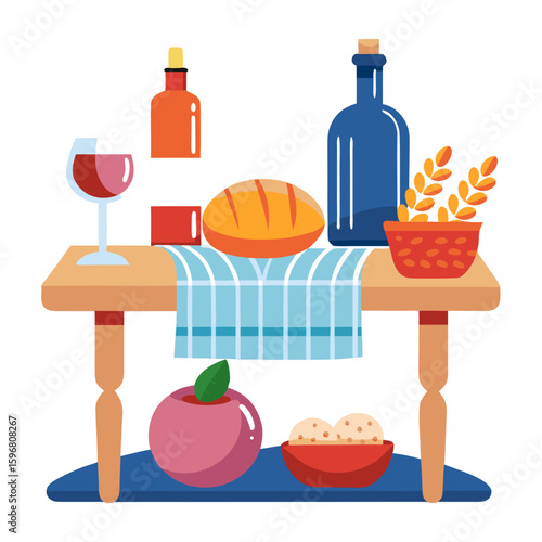 Illustration of a table set with bread, wine, and fruits in a colorful and inviting design