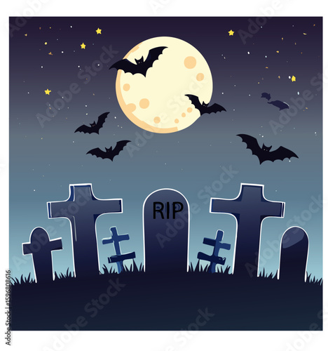 Tombstones in a graveyard at midnight, the moon and the stars, and bat silhouette. AI