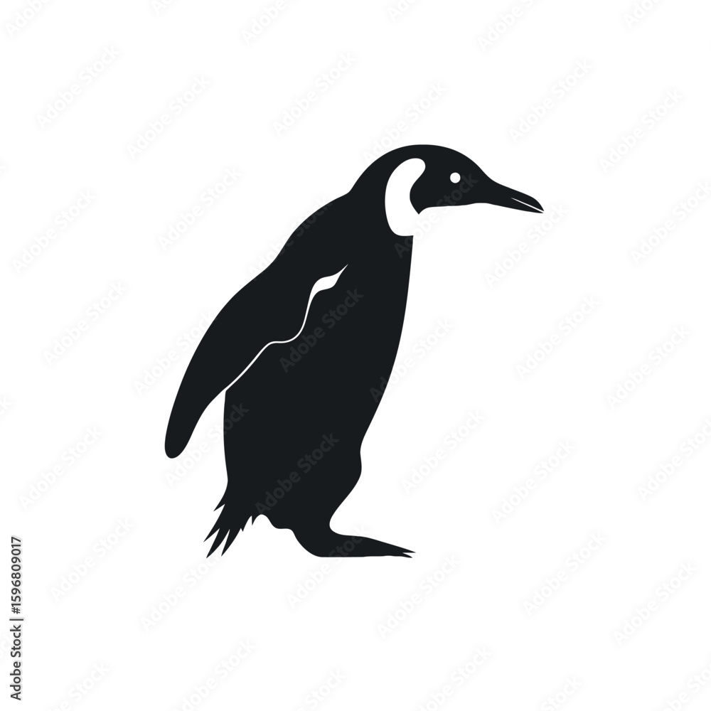 Naklejka premium Black and white silhouette of an emperor penguin standing upright and facing right, isolated on a white background.