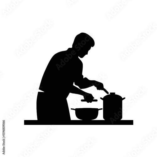 Chef at Work: A culinary maestro silhouette, poised at his station, intently focused, stirring flavors to craft a delectable dish