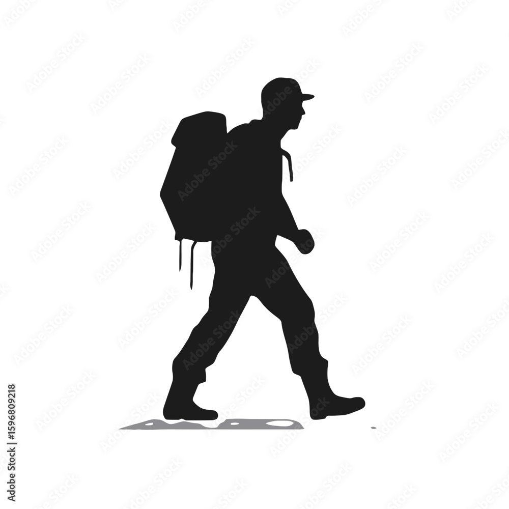 Fototapeta premium Hiking Silhouette: A solitary hiker, backpack on back, strides confidently, embodying the spirit of adventure, freedom, and the thrill of the open trail. 