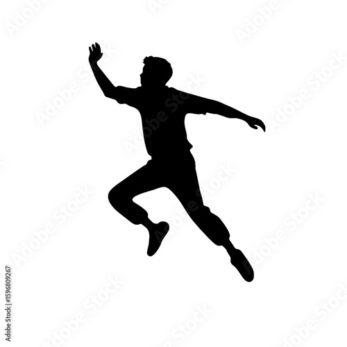 Dynamic Silhouette of a Leaping Figure: A minimalist depiction showcases a figure mid-jump, its form a bold black silhouette against a backdrop, embodying movement, energy, and limitless potential.