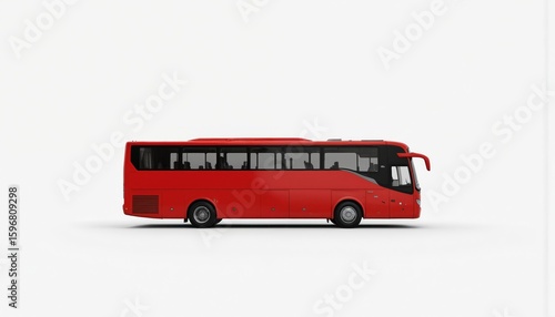 Bright red bus against white background. Modern, long, narrow, red, passenger vehicle, transportation, tour, coach, travel, tourist, commuter, transport, city, road, trip, urban, commercial, safety,