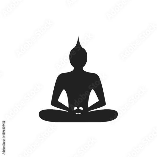 Silhouette of a person meditating in lotus position with hands resting in lap, isolated on white background.