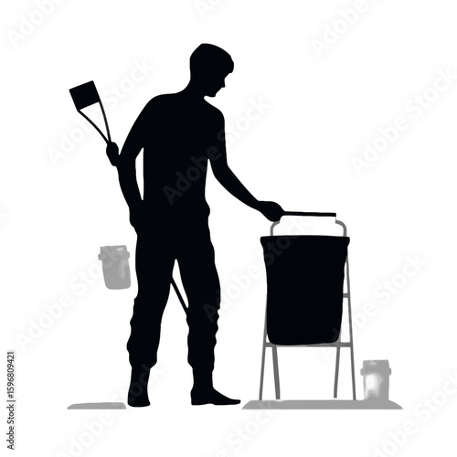 Silhouette of a person using a trash picker to collect litter and dispose of it in a bin, promoting environmental cleanliness.