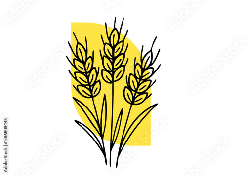 Hand-drawn black wheat ears over yellow geometric shape. Minimalist doodle style, modern eco concept.