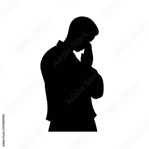 Silhouette of a man with his head bowed and hands clasped near his face, appearing thoughtful or in prayer.