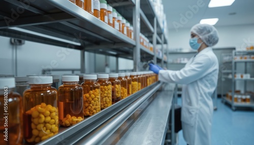 Lab technician in white coat handles test tubes with blue seal cap, amidst organized rows on metal shelf. Controlled environment with numerous test tubes on background. Sterile equipment, safety gear