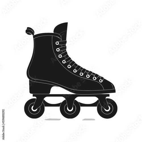 A black inline skate with laces and four wheels, isolated on a white background.