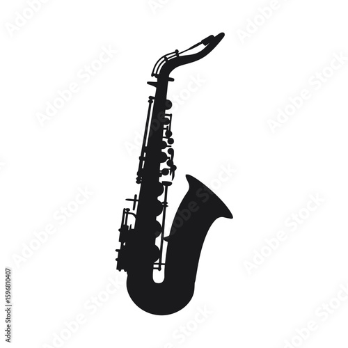 Silhouette of a saxophone, a wind instrument with keys and a curved shape, isolated on a white background.