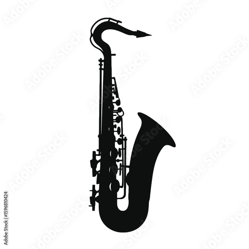 Silhouette of a saxophone, a wind instrument, shown in black against a white background.