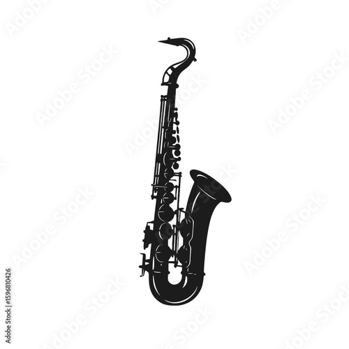 Silhouette of a saxophone, a wind instrument, with keys and curved body, isolated on a white background.