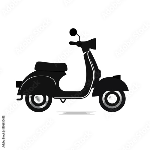Silhouette illustration of a classic black scooter with a seat, handlebars, and round headlight on a white background.