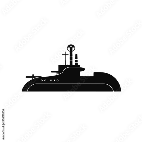 Silhouette of a submarine on a white background, showing its hull, conning tower, periscope, and other details in a simple, graphic style.