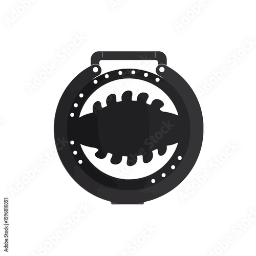 Black circular object with a toothed center and a handle, resembling a stylized mechanical device or abstract design.