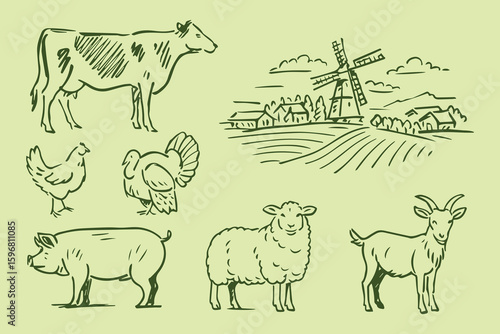 Farm animals and landscape doodle sketch vector illustration