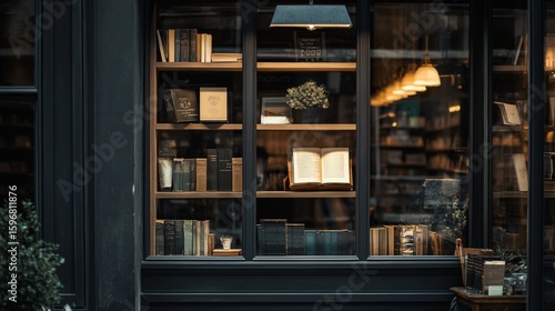 Charming glass shop window display with books for branding design