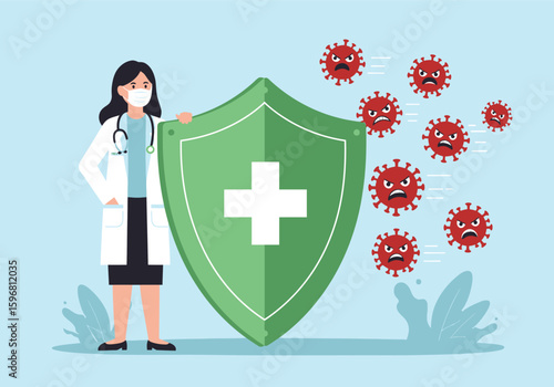 Female doctor with a green medical shield blocking angry red coronavirus characters.