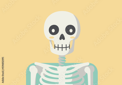 Cute cartoon skeleton character with large eyes, blush marks, and a stitched smile.