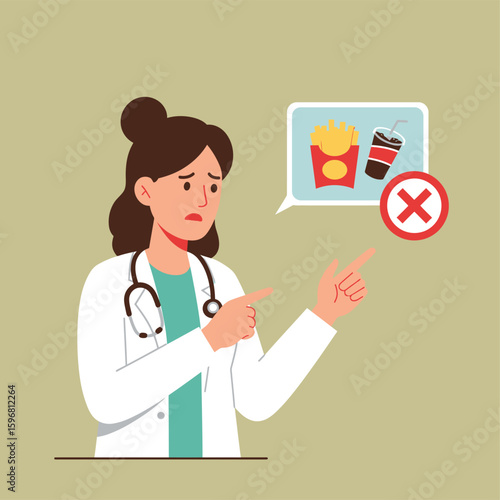 Worried female doctor in a white coat advising against unhealthy fast food consumption.