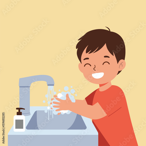 Cheerful cartoon boy with brown hair washing hands with foamy soap under a running faucet.