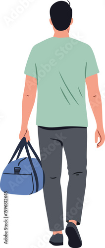 Man walking away carrying blue duffle bag in casual outfit vector illustration 