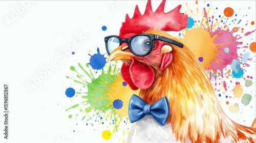 A rooster with glasses and a bow tie amidst colorful paint splashes