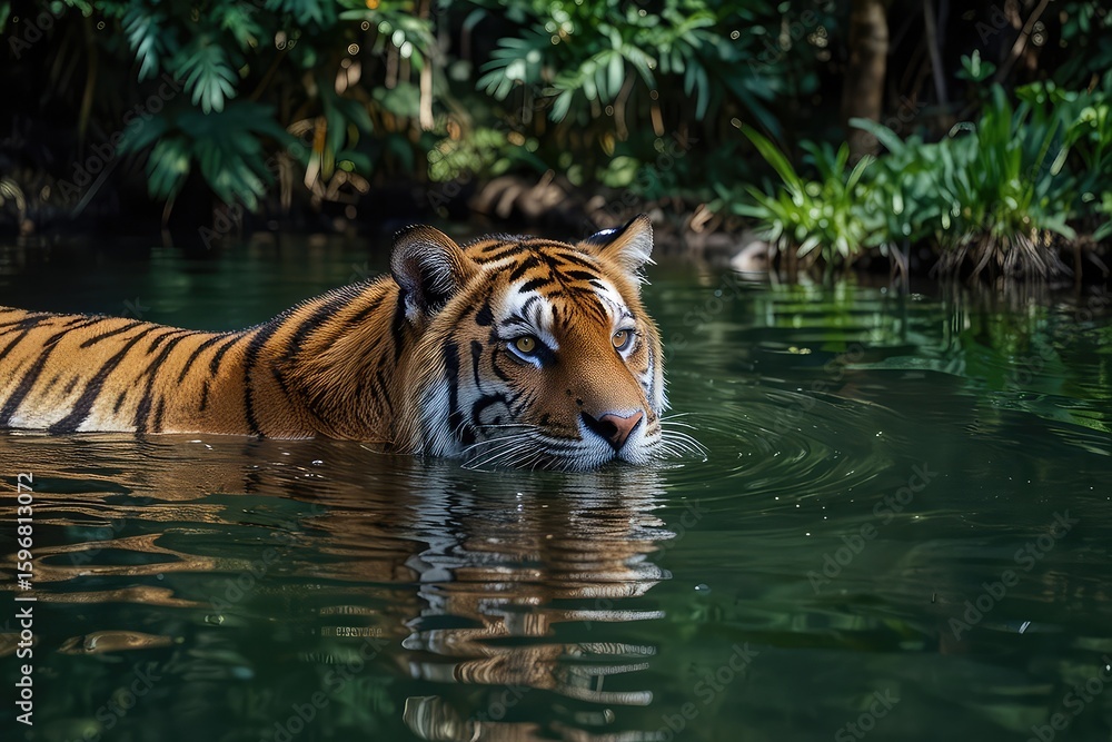 Tropical Forest Tiger Swimming – Split View Photography, Tiger Swimming in Clear Jungle Stream – Wildlife Photography Tropical Forest Tiger Swimming – Split View Photography, Tiger Swimming in Clear Jungle Stream – Wildlife Photography