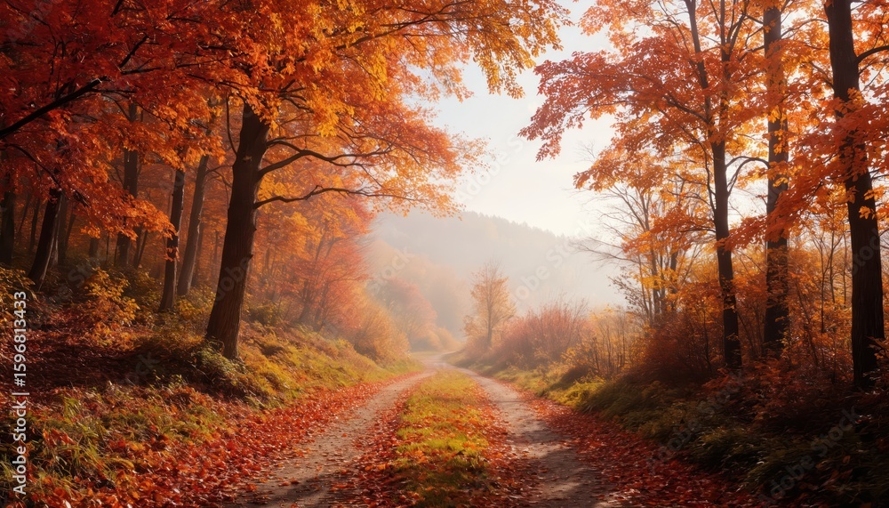 Obraz premium Autumn scene with serene road, bordered by lush plants and vibrant orange trees. Lush foliage, trees stand tall against light blue sky. Gray road leads to quaint house, nestled among trees.