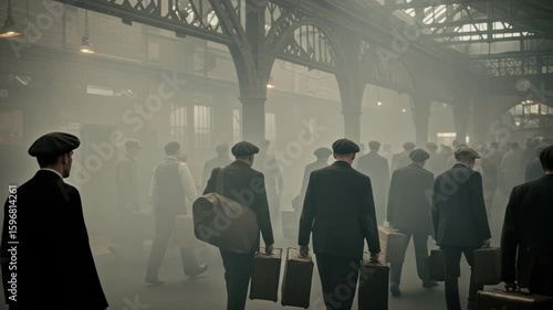 Historical scene unfolds at a bustling vintage train station platform with travelers  on foggy