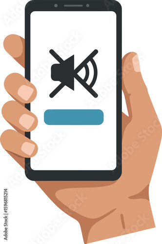 Smartphone mute icon on screen held by hand in flat design