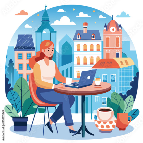 Young Woman Working on Laptop at Outdoor Cafe in European City