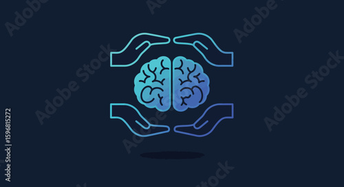 Gradient outline of hands protecting brain on dark background