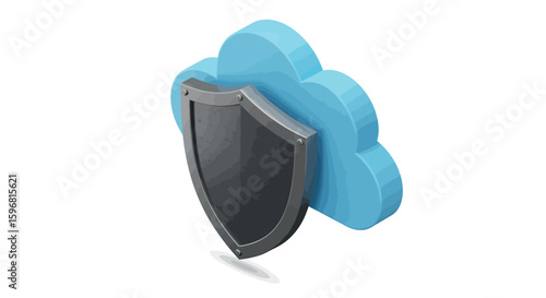 Isometric cloud security with shield icon for data protection
