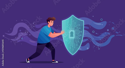 Digital security concept with futuristic shield and technology elements