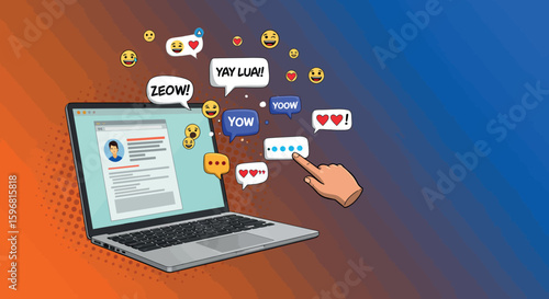 Online chatting and social media engagement with emoticons and messages on laptop