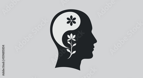 Yin yang nature harmony inside human mind silhouette concept