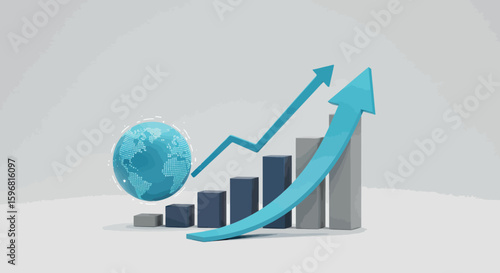 3d global growth chart with rising arrow and globe representation