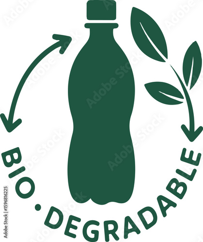 Green bottle with leaves and circular arrows indicating biodegradability biodegradable eco friendly
