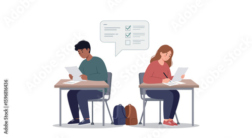 Students taking exam in classroom with speech bubble