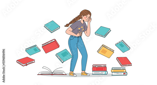 Girl overwhelmed by flying books in colorful cartoon style