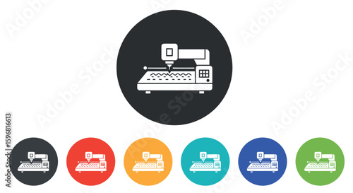 Cnc machine symbol in multicolor circle icons for manufacturing and automation