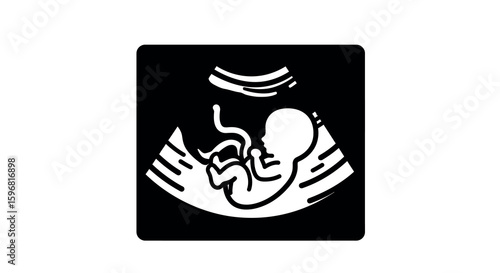 Minimalist black and white fetal ultrasound design on white background